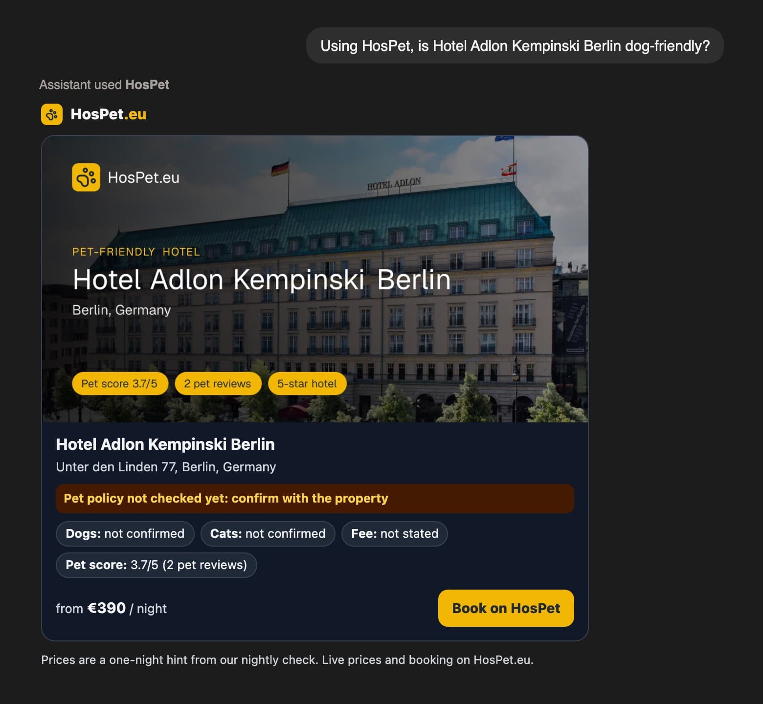 HosPet card in dark mode for a hotel whose pet policy is not checked yet