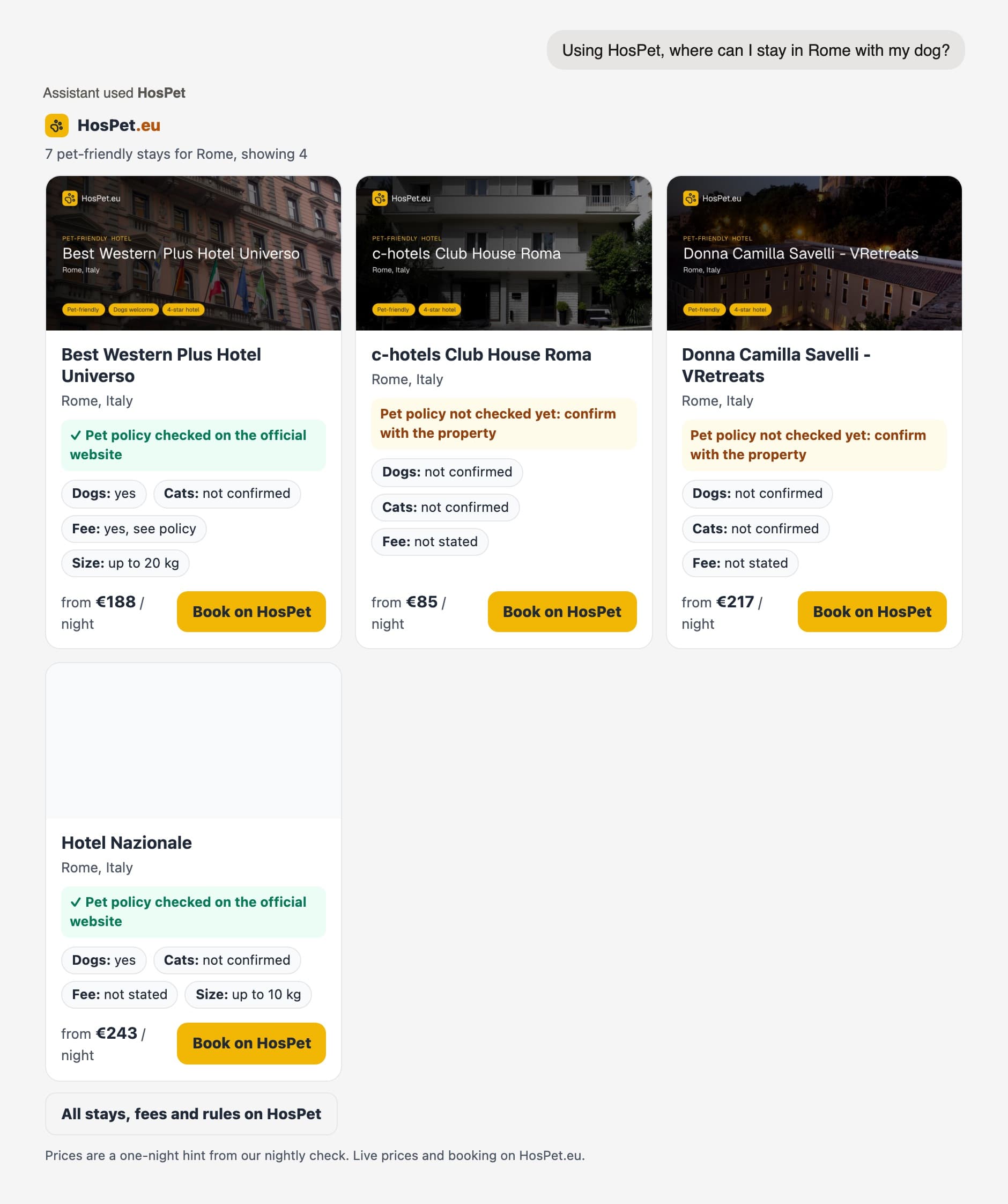 HosPet cards for dog-friendly stays in Rome inside an AI assistant