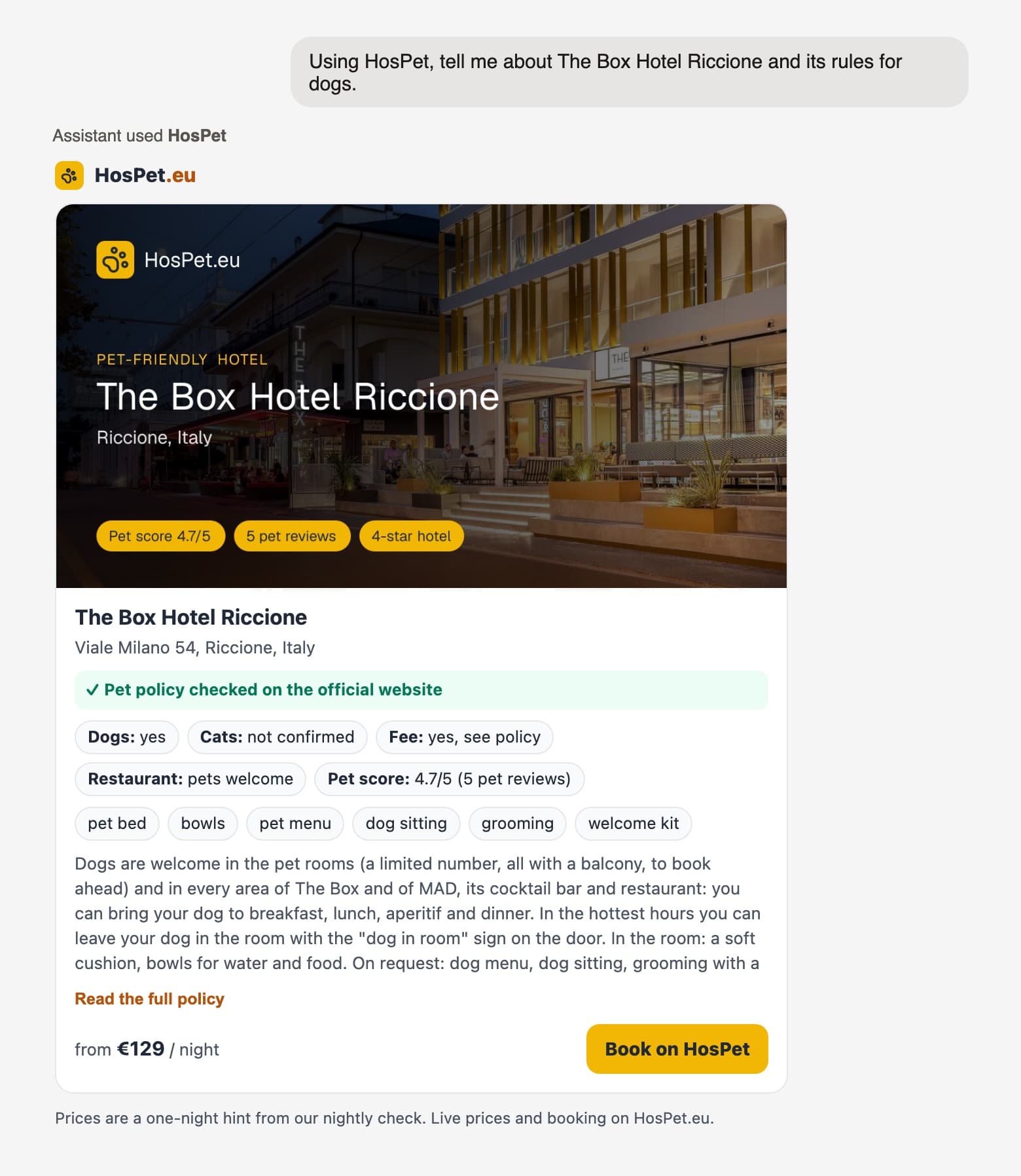 HosPet card for The Box Hotel Riccione with its full dog policy